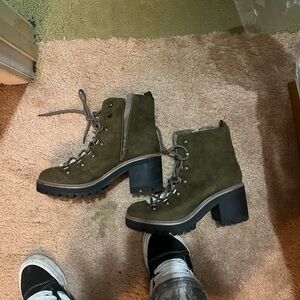 Olive Suede Lace-Up Block Heel Ankle Boots